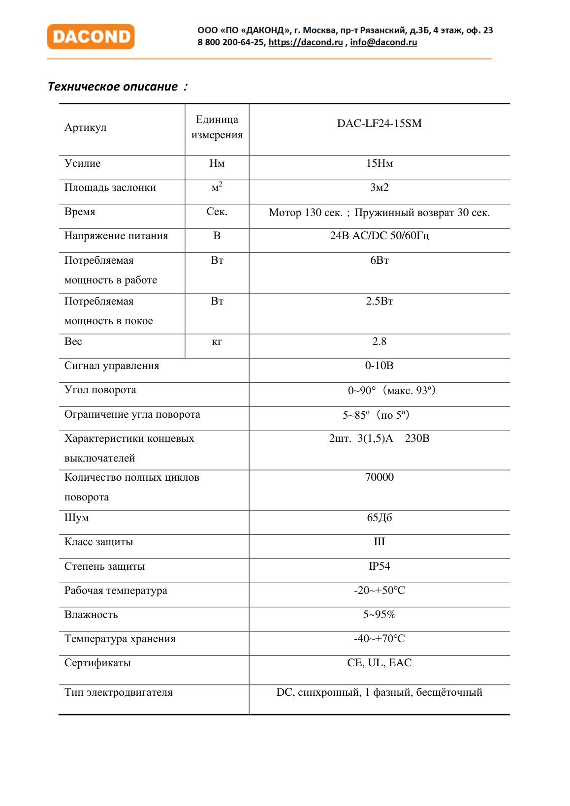 Электропривод DACOND DAC-LF24-15SM (15 Н·м, 24 В, 0–10 В, с возвратной пружиной)