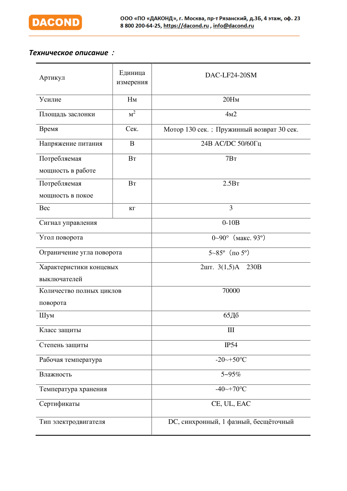 Электропривод DACOND DAC-LF24-20SM (20 Н·м, 24 В, 0–10 В, с возвратной пружиной)