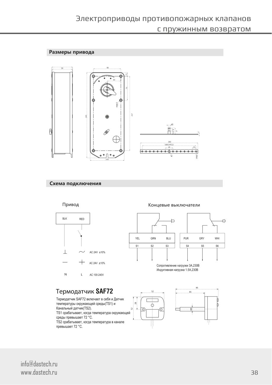 Размеры и схема подключения электропривода Dastech FR-15N220S